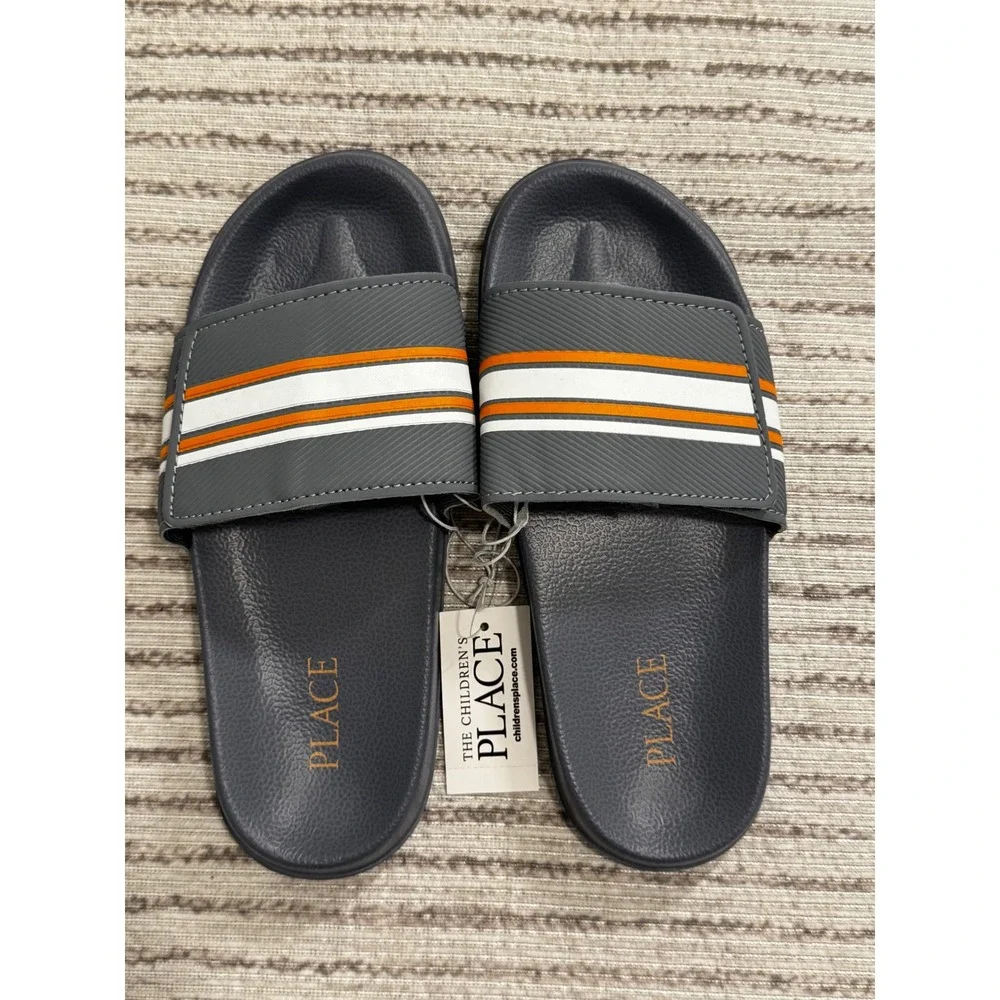 The‎ Childrens Place Boys Grey Orange Striped Slide Sandals Youth Size 3 NWT
